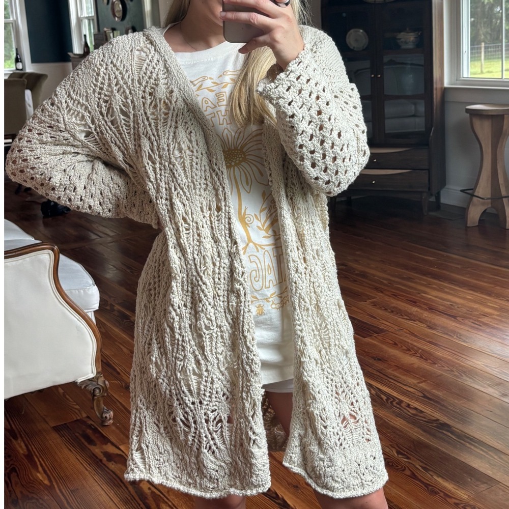 Natural Life Beige Open Knit Long Cardigan Sweater Boho Oversized L Fits Small
